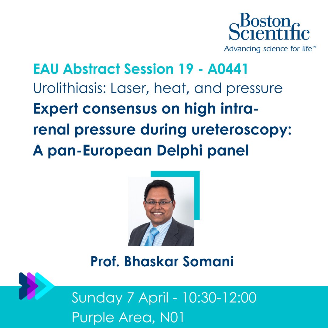 Attend TODAY the 'Urolithiasis: Laser, heat, and pressure' abstract session at #EAU24. Prof. Somani will delve into expert consensus on high intra-renal pressure during ureteroscopy by a pan-European Delphi panel. Join us in the Purple Area, N01 at 10:30 #BSCEMEA #IRP @endouro