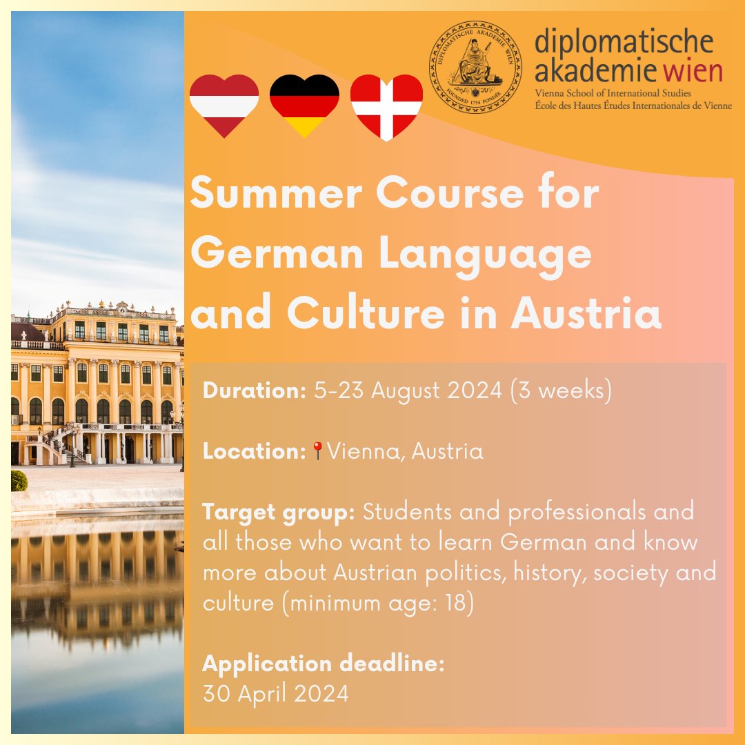 ❗Last chance to sign up for our info session! 💛Spend your summer in #Vienna! Learn more about our 𝐒𝐮𝐦𝐦𝐞𝐫 𝐂𝐨𝐮𝐫𝐬𝐞 𝐟𝐨𝐫 𝐆𝐞𝐫𝐦𝐚𝐧 𝐋𝐚𝐧𝐠𝐮𝐚𝐠𝐞 𝐚𝐧𝐝 𝐂𝐮𝐥𝐭𝐮𝐫𝐞 𝐢𝐧 𝐀𝐮𝐬𝐭𝐫𝐢𝐚 during our Online Info Session on 9 April 2024 🔗da-vienna.ac.at/en/Languages/G…