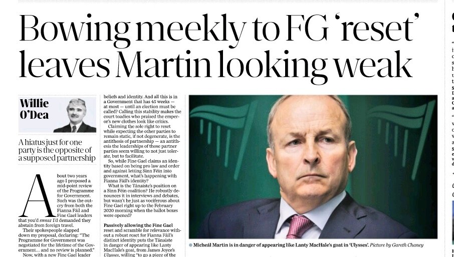 Trouble in Fianna Fáil - is @MichealMartinTD soon to follow @LeoVaradkar ? Willie O’Dea: Meekly allowing Fine Gael time out to ‘reset’ makes Fianna Fáil look weak Claiming the sole right to reset while expecting the other parties to remain static, if not degenerate, is the…