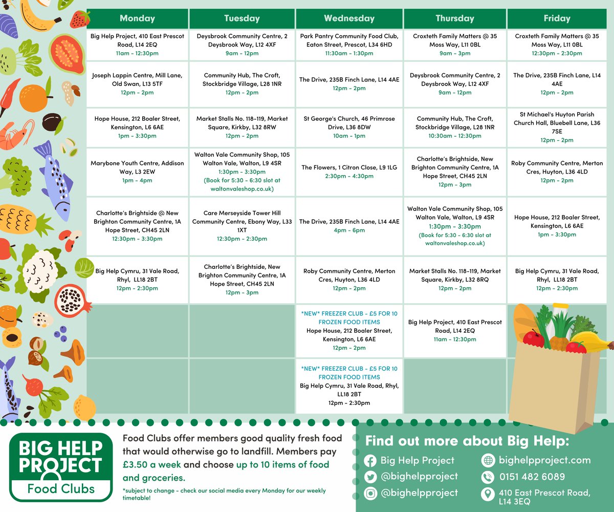 Time for the weekly food club timetable! We're back to business as usual now that Easter's over. We've got some fantastic items in stock this week - stop by to say hello! 💚