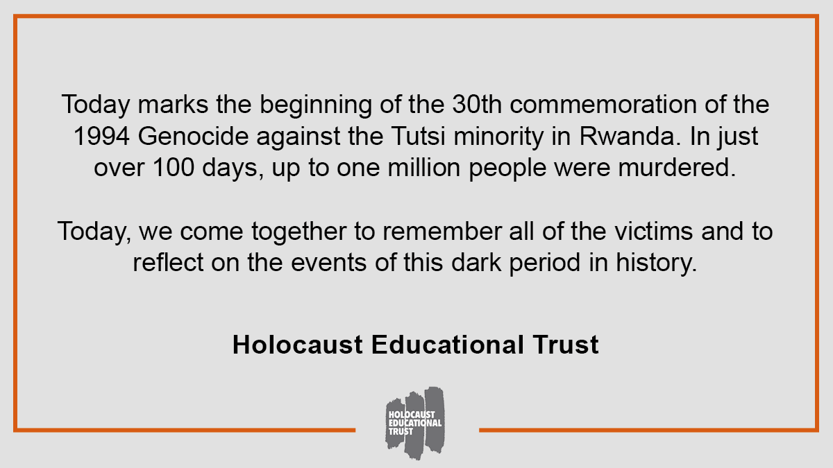 Today marks the 30th commemoration of the Genocide against the Tutsi in Rwanda. Today we come together and remember all the victims. Learn more about the Rwandan Genocide here: ushmm.org/genocide-preve…