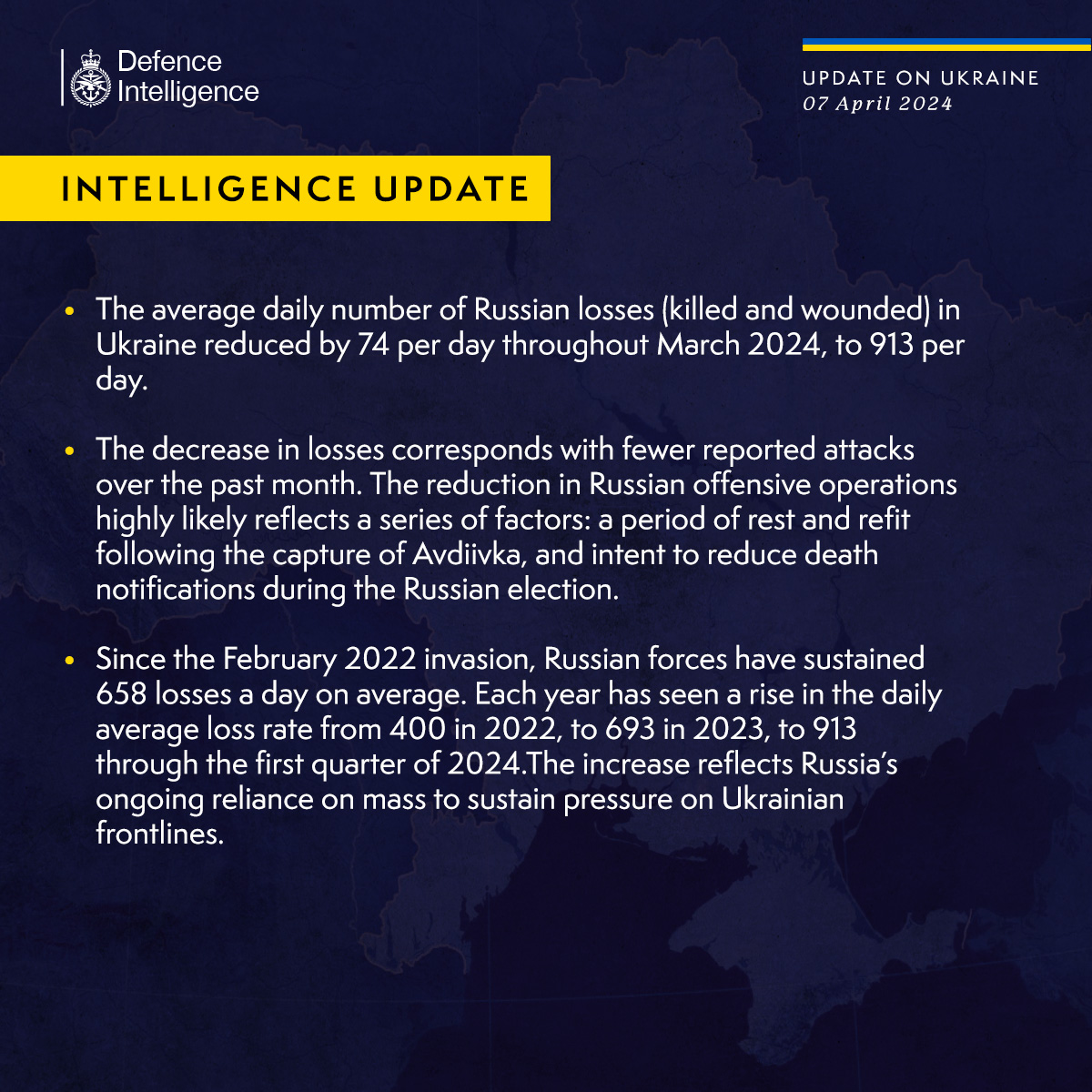 Latest Defence Intelligence update on the situation in Ukraine – 07 April 2024. Find out more about Defence Intelligence's use of language: ow.ly/q8ek50R9W30 #StandWithUkraine 🇺🇦