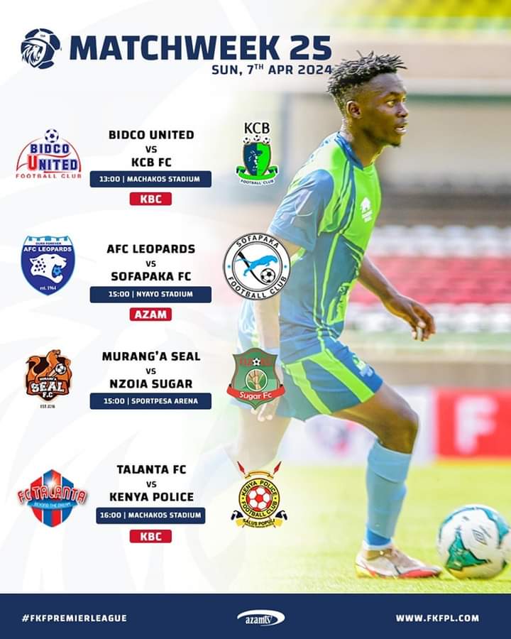 UPDATE FKF Premier League Sunday Fixtures. @fCBidco United Vs @KCBFootball @AFCLeopards Vs @FC_Sofapaka Murang'a Seal Vs Nzoia Sugar. @FcTalanta Vs Kenya Police Fc. #kenyansoccer #FKFPL