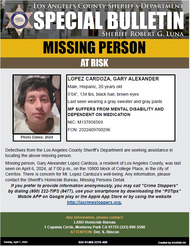 #LASD is Asking for the Public’s Help Locating At-Risk Missing Person, Gary Alexander Lopez Cardoza #Cerritos local.nixle.com/alert/10855851/