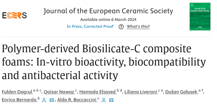 Sharing our @Boccaccini_Lab @UniFAU recent #OpenAccess paper in J. Europ. Ceram. Soc. in collaboration with @FunGlass_Centre🇸🇰and @UniPadova 🇮🇹colleagues presenting the characterisation of polymer-derived Biosilicate-C composite foams➡️sciencedirect.com/science/articl… #Glasses