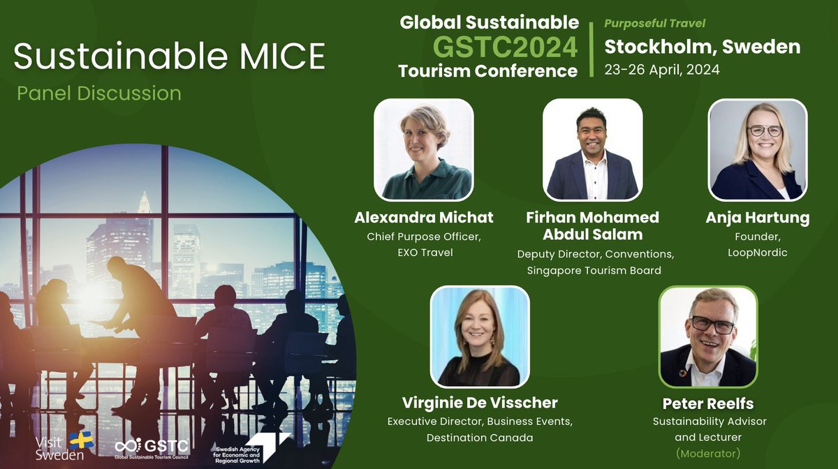 Join the panel ‘Sustainable MICE’ at the GSTC2024 Global Conference in #Stockholm, #Sweden. Program details can be found here: gstcouncil.org/gstc2024sweden… #GSTC #GSTC2024Sweden #Tourism #Travel #Sustainability #MICE @visitsweden