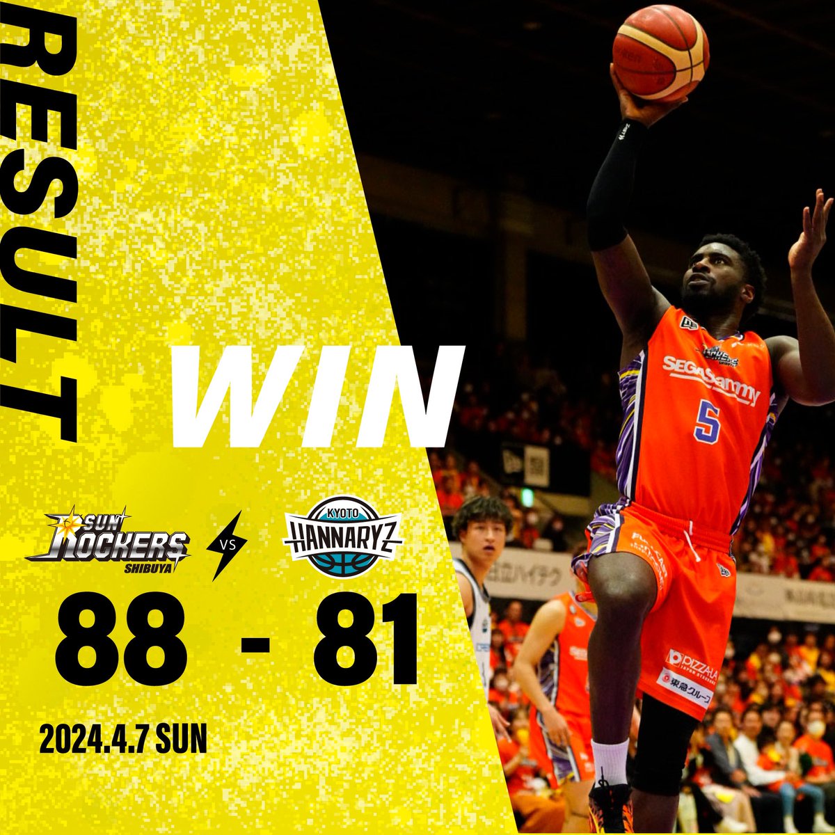 ＜試合終了＞
SR渋谷 88 - 81 京都

#サンロッカーズ渋谷 WIN✨✨

昨日に引き続き、最後までどちらに転ぶかわからないゲーム展開。激しいディフェンスで果敢にプレーするも、3Q徐々に離されてしまう。
それでも何とか粘り、残り1分30秒で同点•逆転に成功する。

#アンソニー・クレモンズ