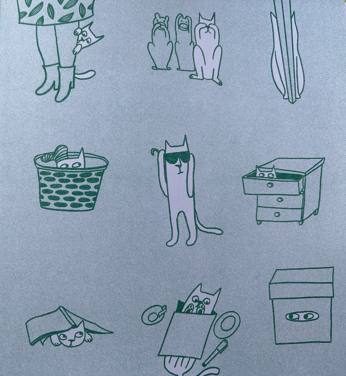 #NewIllustrationoftheDay. Simple images can be funny: 1 of 4 distinct endpapers from Where is the Cat? by @EvaEland, 2020 @KlausFluggePr-winner. Her new book is mostly spare line & acidic Pantones. An over-enthusiastic child wants to play with a cat. The cat hides. @AndersenPress