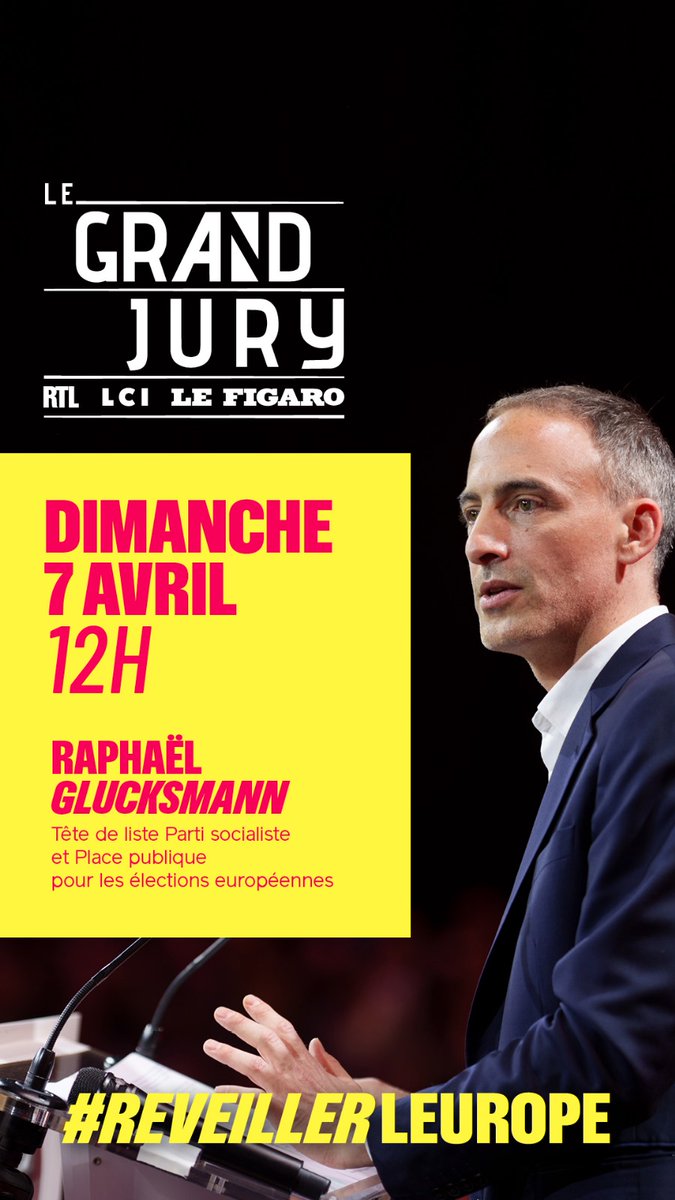 Ce dimanche 7 avril retrouver <a href="/rglucks1/">Raphael Glucksmann</a> tête de la liste  du <a href="/partisocialiste/">Parti socialiste</a> et de <a href="/placepublique_/">Place publique 🟡</a> pour les #electionseuropeennes2024 à 12h pour #LeGrandJury. #ReveillerLEurope