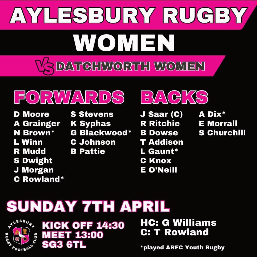 Here’s our Women’s line up for their last game of the season against Datchworth KO 14:30, travelling support is really appreciated, let us know if you’re coming! 💪🏼🏉💗🖤