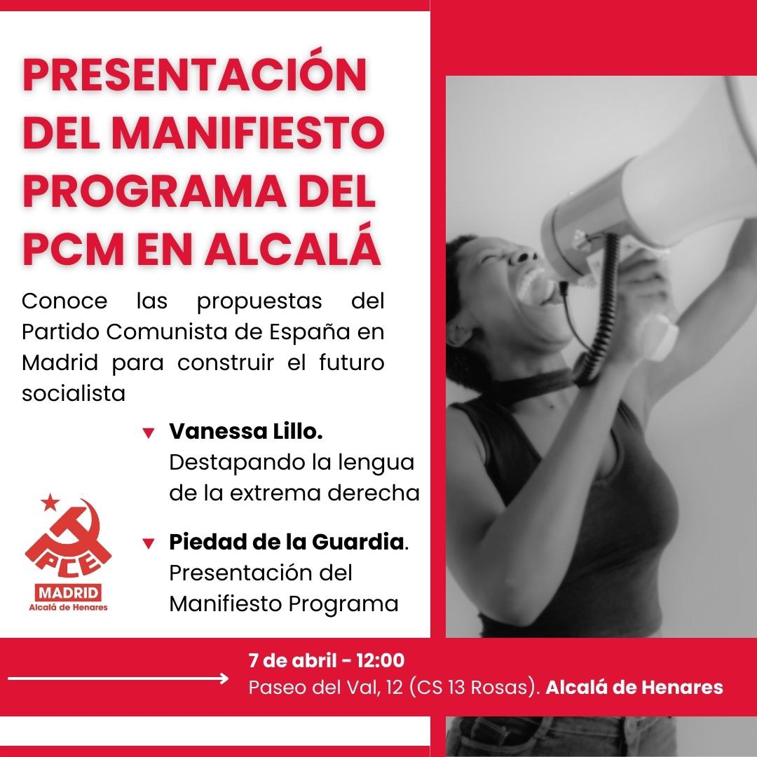 Día lleno de eventos. En un ratito nos vemos en Alcalá para hablar del lenguaje que usa la extrema derecha y sus efectos y presentar el #ManifiestoPrograma del @elpcm para #ConstruirFuturoSocialista.
