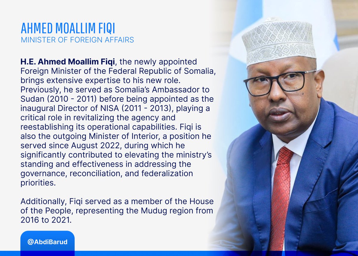 Congratulations to Amb. Ahmed Moalim Fiqi on his appointment to the Foreign Affairs post. Moving from one great office of the state - Interior - to another - MFA - demonstrates Amb. Fiqi's leadership and dedication to public service. Here is a brief profile of Amb Fiqi. #Somalia