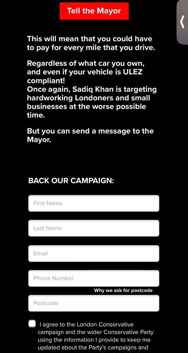 Anyone scanning the QR code is taken to this website which falsely claims Khan has committed to implementing a pay per mile scheme in London, something he has repeatedly ruled out. No mention of Susan Hall and the Conservative party is only mentioned in smallprint at the bottom