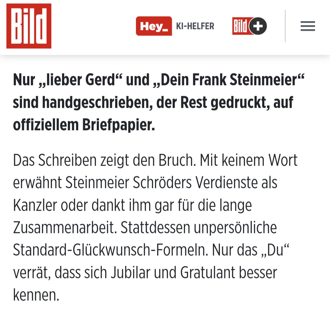 Ein perfektes Beispiel dafür, wie politischer Spin funktioniert und was für ein niederträchtiger Apparatschik-Charakter Bundespräsident Steinmeier doch ist:

1. Steinmeier muss irgendwie Gerhard Schröder zum 80. Geburtstag gratulieren, weil er ihm sein komplettes schönes Leben zu…