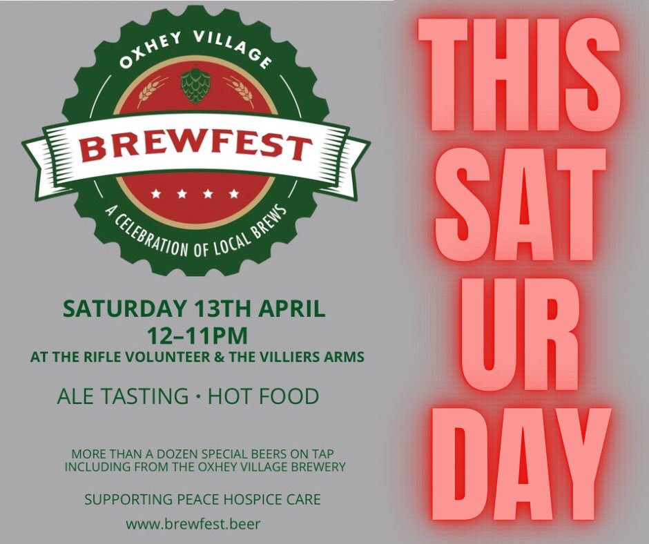 The best beer festival in the Villiers Road area of Oxhey Village!

This Saturday 13 April with LOADS OF DELCIOUS cask beers &amp; ales to try. just up from Bushey Station, WD19.

Come join us! 🍻🍻🍻😋😋😋