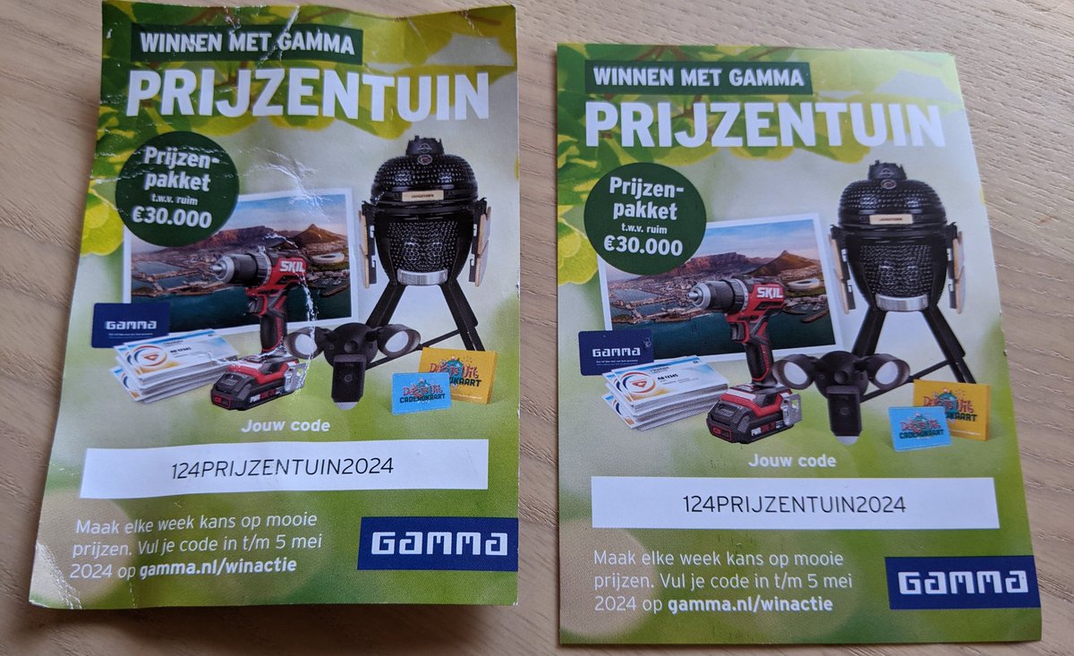 Stampertje1973's tweet image. Ik had een #wincode gekregen in de winkel en eentje op straat gevonden, maar de codes zijn hetzelfde🤔. 
Hoe zit het dan met de winkans?#raar #gamma