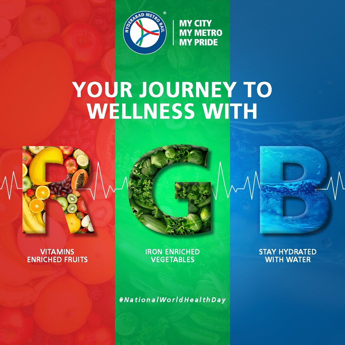 Together let us ride towards a healthier life this World Health day with RGB. Just as our Red, Blue, and Green lines connect destinations, life intertwines with its own Red, Blue and Green elements; A fruit's vital vitamins, A vegetable's iron, and let’s not forget the essential…