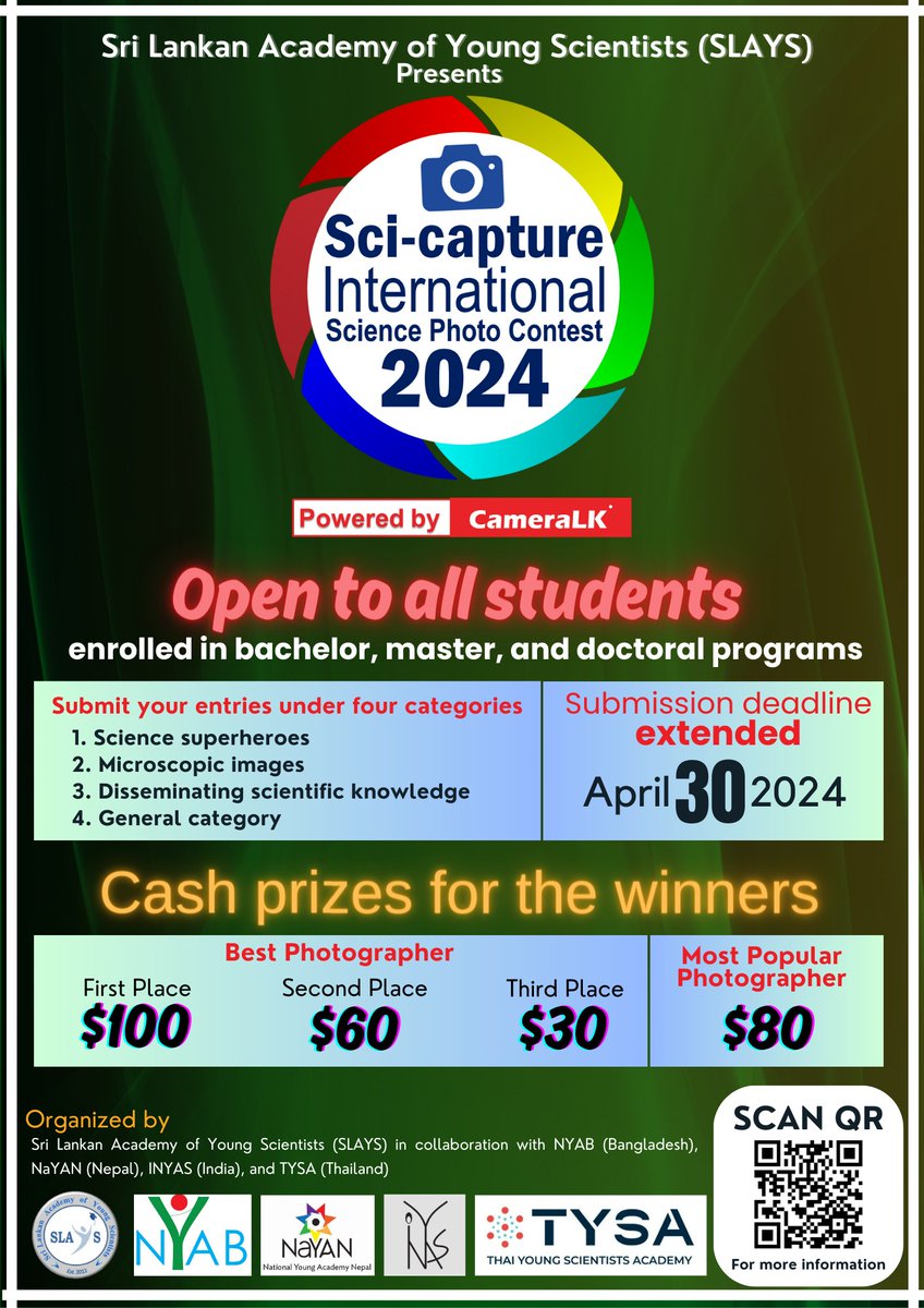 MediateamSlays's tweet image. Sci-capture 2024 International Science Photo Contest Powered by CameraLK
📷 DEADLINE EXTENDED!
📷 EXCITING CASH PRIZES FOR THE WINNERS!!

Contest Guidelines: slays.lk/2024/02/24/sci…
