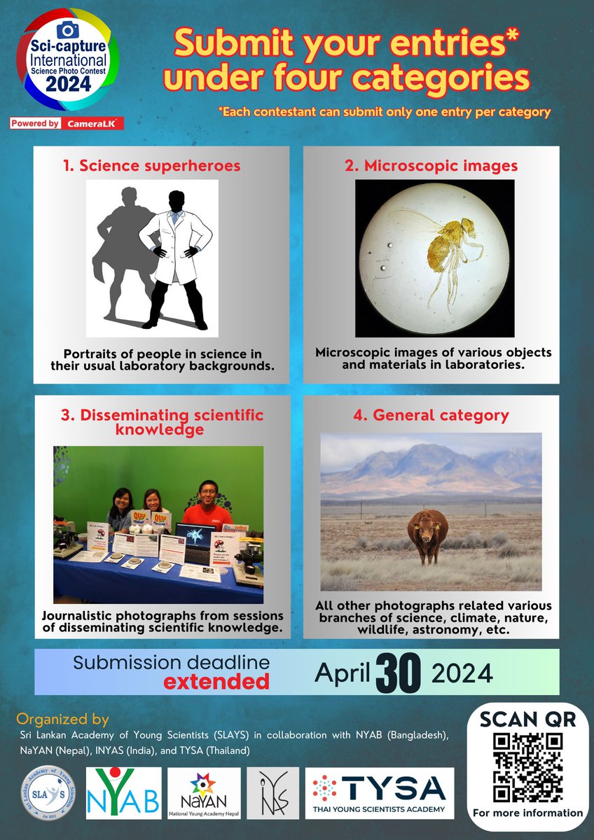 MediateamSlays's tweet image. Sci-capture 2024 International Science Photo Contest Powered by CameraLK
📷 DEADLINE EXTENDED!
📷 EXCITING CASH PRIZES FOR THE WINNERS!!

Contest Guidelines: slays.lk/2024/02/24/sci…