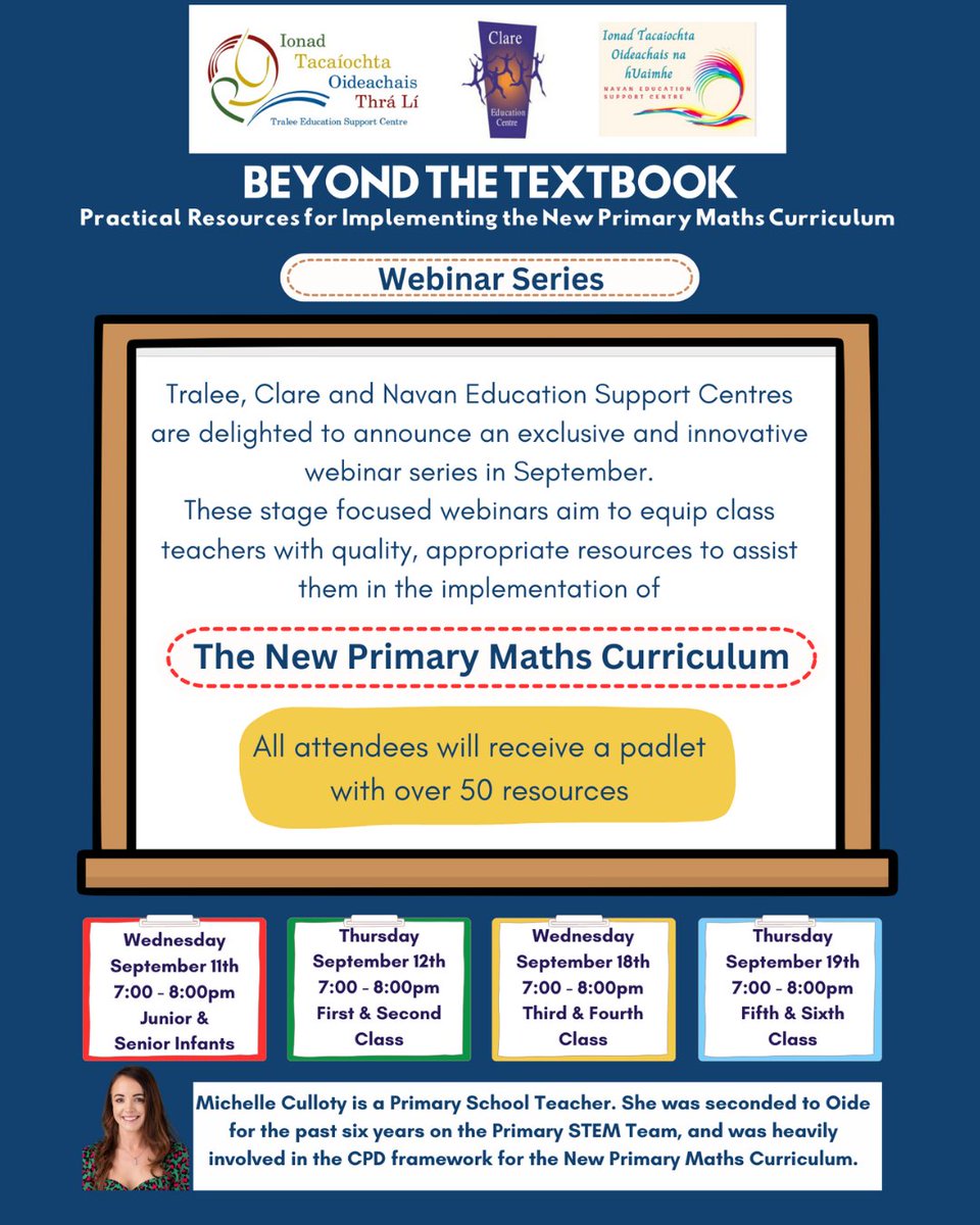 Primary Teachers! Join us in September for an exciting & innovative webinar series that will help you implement the new PMC. Explore practical, quality resources for your class level. Put the theory into practice. Registration Opening Soon @TraleeESC @CentreNavan @MichelleCullot1