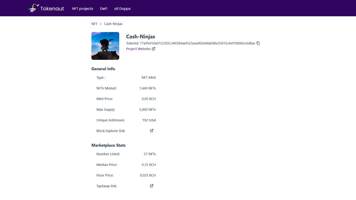 Tokenaut.cash is the best way to find out details about the different NFT projects on #CashTokens!

The amount minted, max supply, unqiue holders etc!
With live Tapswap.cash marketplace data on floor price 😎💚

-&gt; tokenaut.cash/nft/cash-ninjas