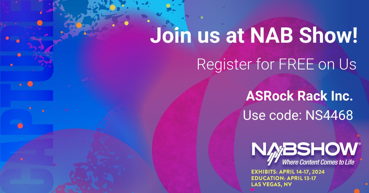 ASRock Rack Inc. is Exhibiting at the 2024 NAB Show! Join us at the 2024 NAB Show for an immersive show floor experience full of transformative tech and gear you need. Get your free Exhibits Pass by using our FREE code when registering! lnkd.in/guf-kHR3