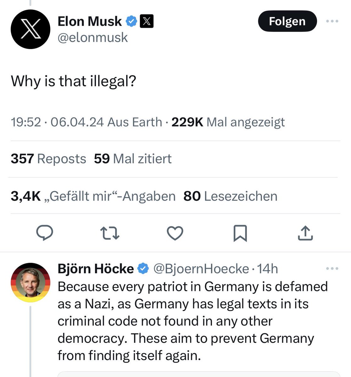 Im Austausch mit #Musk lässt #Höcke alle Masken fallen: Das Verbot der Verbreitung von NS-Propaganda und der Verherrlichung des #Nationalsozialismus (§§ 86 u. 130 StGB) solle die „Selbstfindung Deutschlands“ verhindern. #Geschichtsrevisionismus