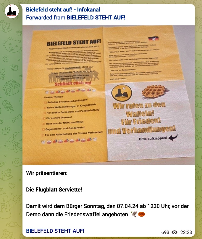 Öde wird es immer, wenn die rechte Gruppe "#Bielefeld steht auf" kreativ oder gar lustig werden will. So auch heute, wenn sie ab 12:30 Uhr am Rathaus "Friedenswaffeln" zubereitet, um "proaktiv Passanten" anzulabern - natürlich erwartet sie auch heute 1 saftige Gegendemo #bi0704