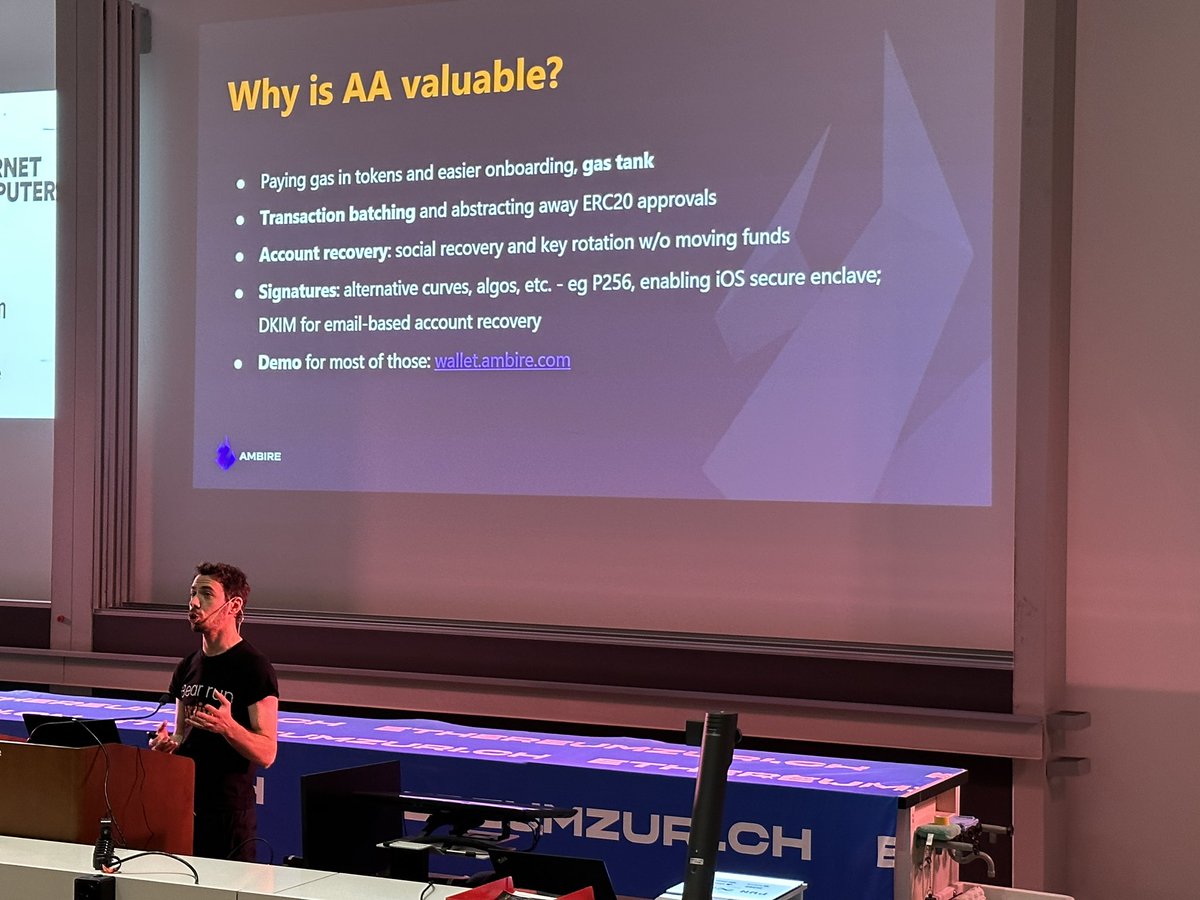 inks's tweet image. It’s an #AccountAbstraction morning at @EthereumZurich. Now on stage @Ivshti from @AmbireWallet.