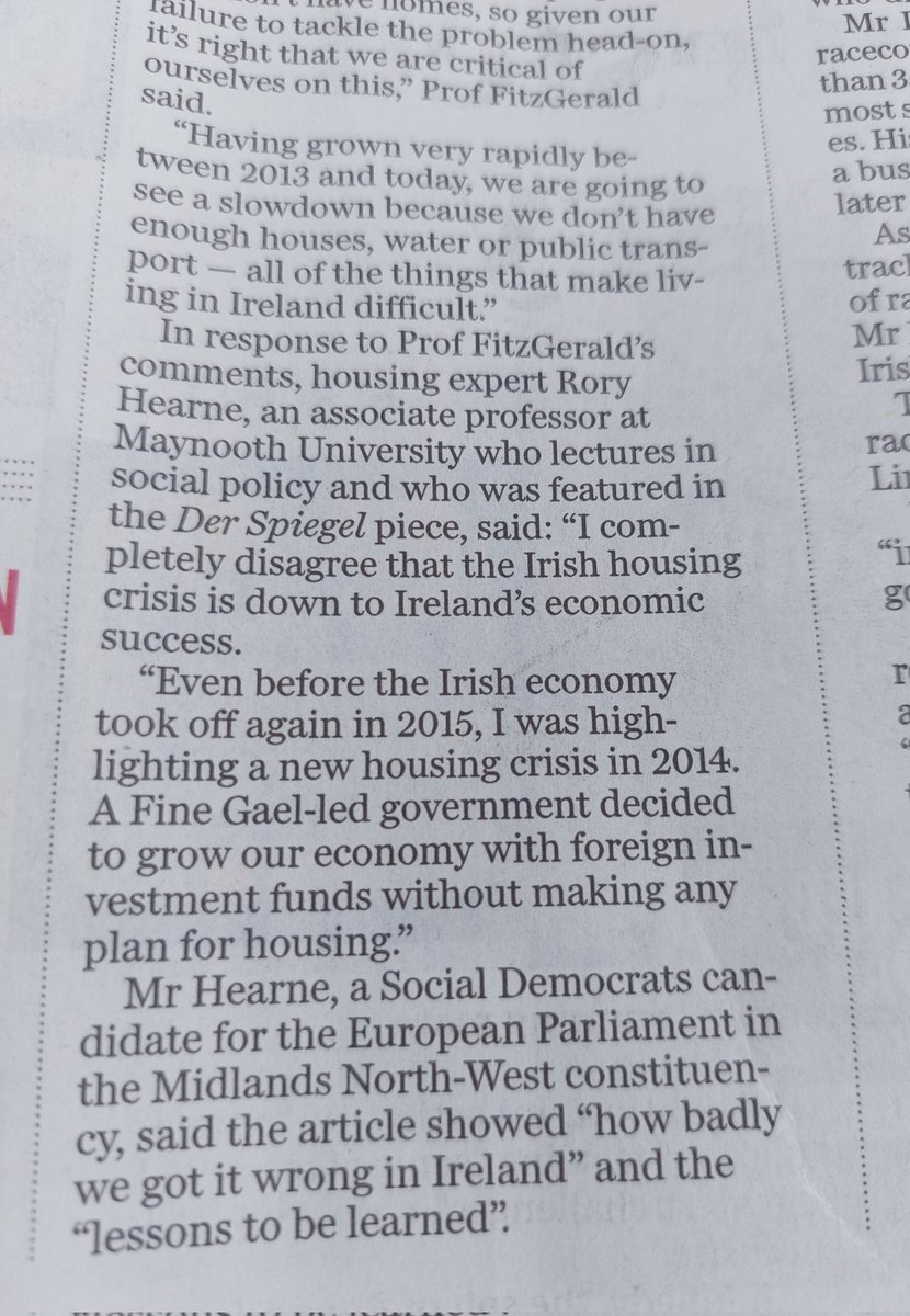 While Prof Fitzgerald & Fine Gael claim the housing crisis is down to economic 'success' The truth is it results from decades of policy that handed housing to the market & investor funds & failed to control rent.. I told Der Spiegel that in their interview spiegel.de/ausland/wohnun…