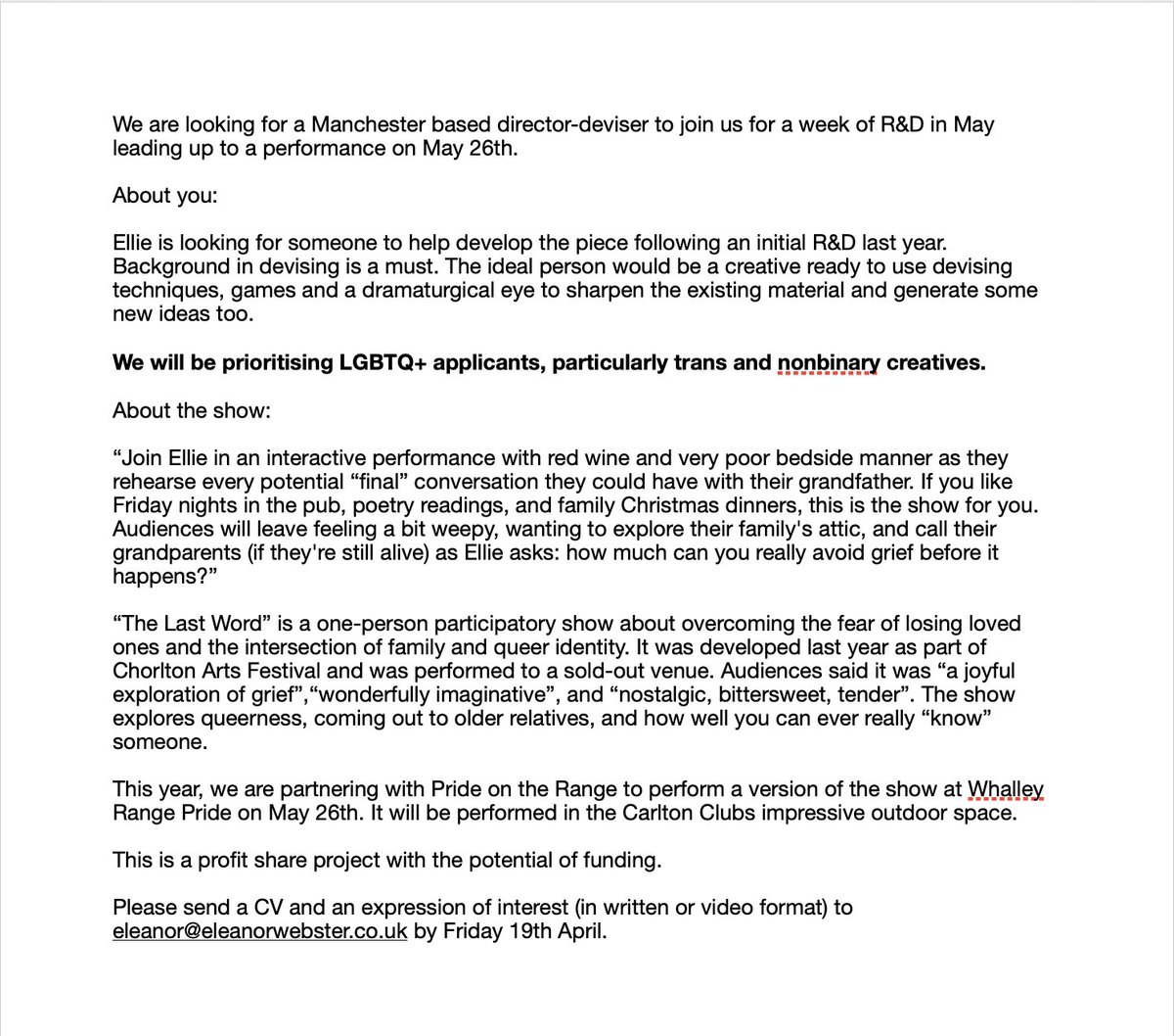Know any great director/devisers interested in making work about queerness, intergenerational relationships, and old cheeky chappies from the valleys? Send em my way!
Full callout will be in subsequent tweets cos alt text is too short- read on if images aren't accessible for you.