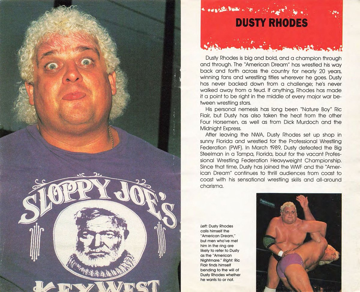 Dusty Rhodes profile from the Guide to Wrestling Superstars book published in 1989. #WWF #WWE #WCW #NWA #Wrestling #DustyRhodes