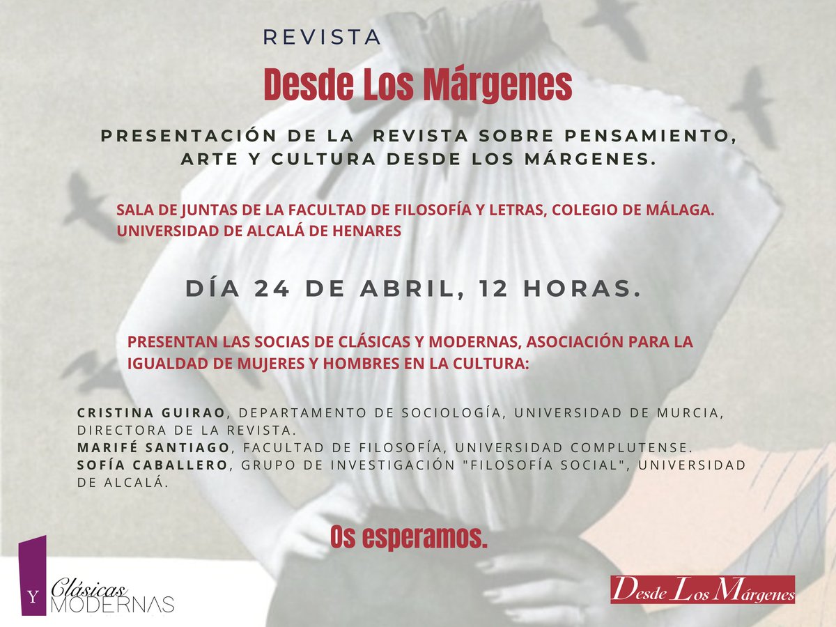 Presentación de la revista de Clásicas y Modernas: “Desde los Márgenes”
➡️desdelosmargenes.com
Será el 24 de abril, a las 12 h en la Universidad de Alcalá (<a href="/UAHes/">Universidad Alcalá</a>).

✨¡No te la pierdas!✨