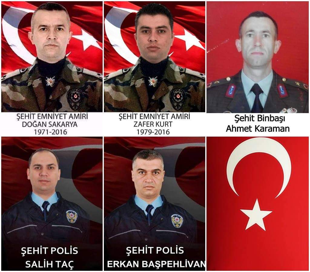 7 Nisan 2016 Şehadet mertebesine erişen Özel Harekatçı Emniyet Amiri Doğan Sakarya, Özel Harekatçı Emniyet Amiri Zafer Kurt, Jandarma Binbaşı Ahmet Karaman, Bomba İmha Uzmanı Polis Memuru Salih Taç ve Bomba İmha Uzmanı Polis Memuru Erkan Başpehlivan Önden gidenlere selam olsun