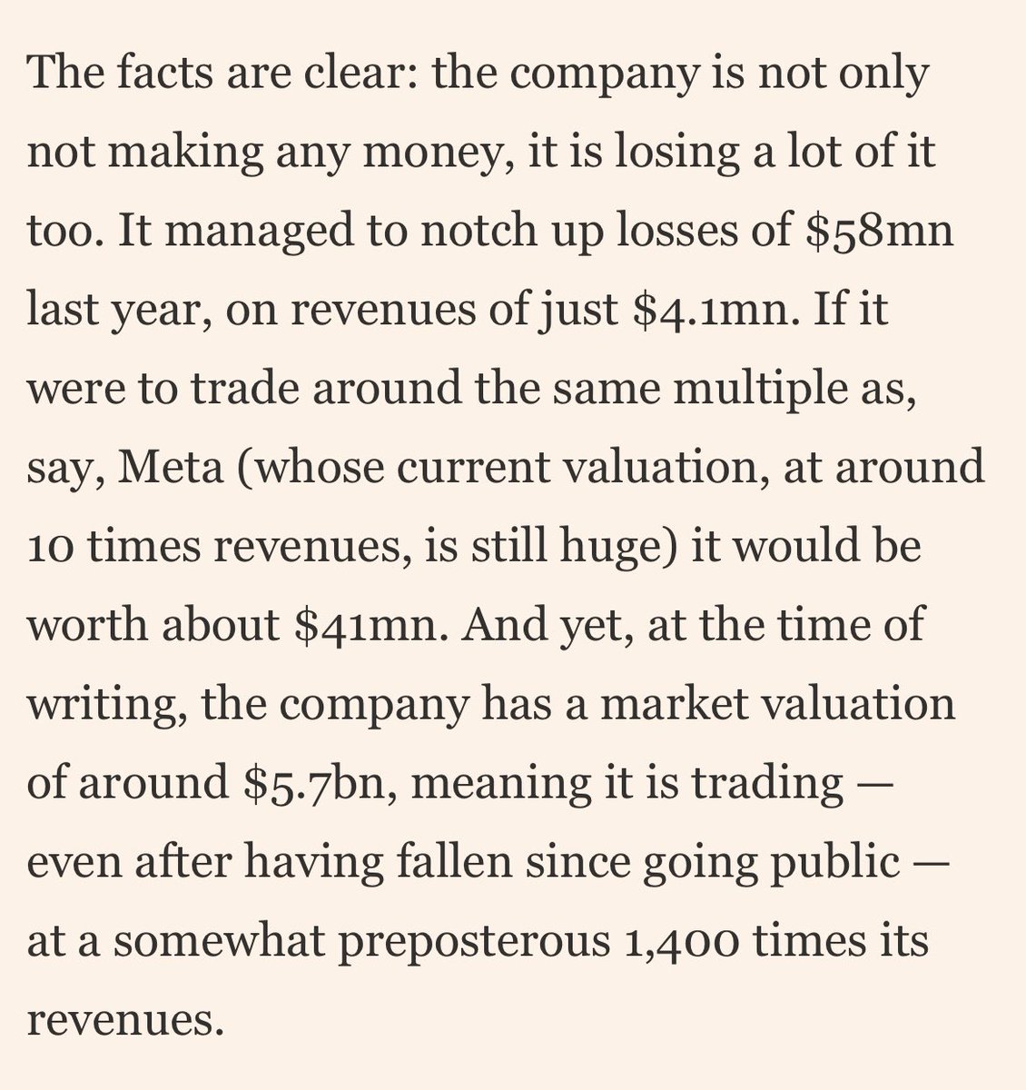 On vibes-based stock markets and the absurd valuation of Trump’s recently-listed Truth Social, currently priced at 1,400 times its (non-existent) revenues. Great piece by @jemimajoanna ft.com/content/1dad2f…