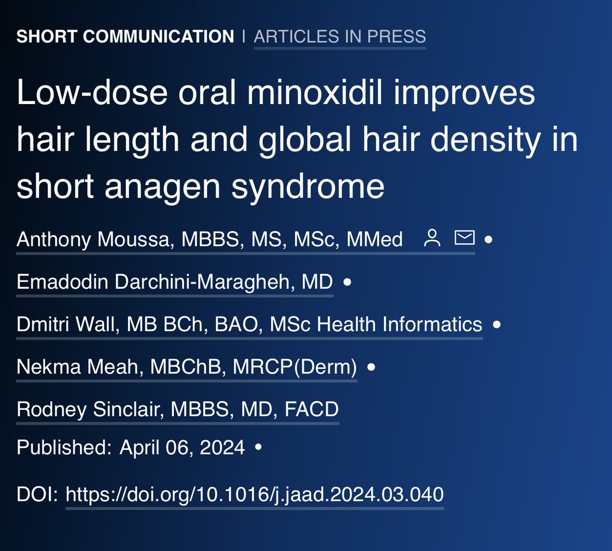 Well done to Anthony for increasing our understanding of low-dose oral #minoxidil #LDOM further; in this case, improving hair length and global hair density in short anagen syndrome @JAADjournals @SinclairDerm #hair jaad.org/article/S0190-…