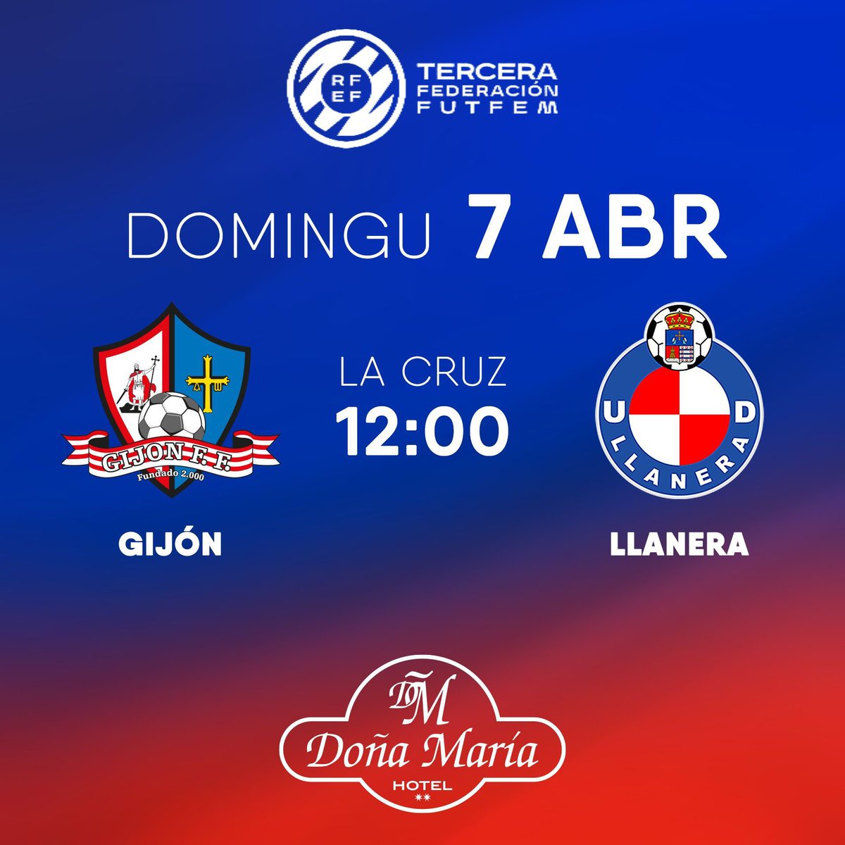 GijonFutFem's tweet photo. ¡Hoy jugamos!

Jornada 25 de #TerceraFederacionFutFem

📍 Barriu de Ciares
🏟️ Campu La Cruz
🕛 12:00
🌡️ 15°C
☁️ Nublado

#GijonFutFem 🆚 UD Llanera
#Teyeres🔴🔵
#TerceraFederacionFutFem🏆 https://t.co/bmZlm7Wcbu