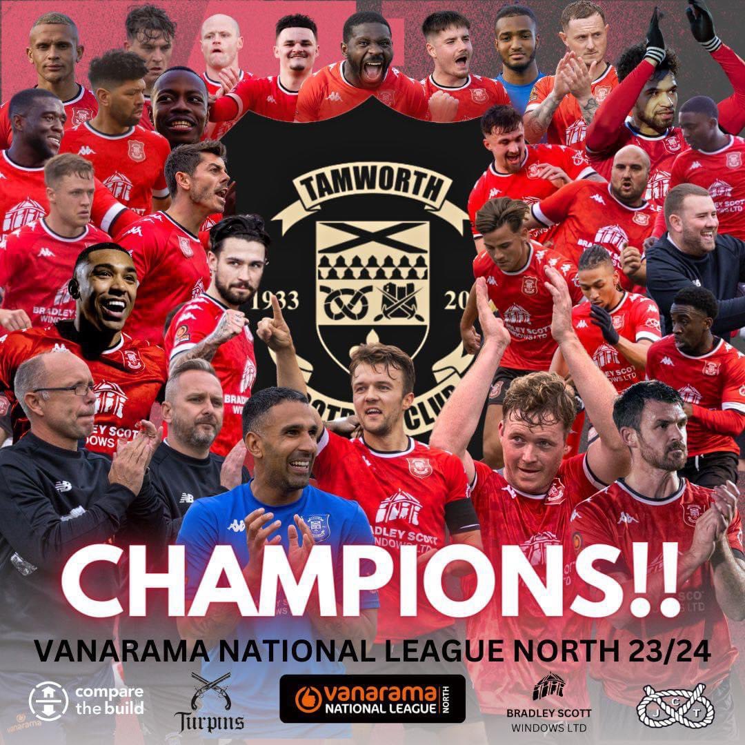 ⚽️CHAMPIONS!!!⚽️

Congratulations to @tamworthfc on being crowned @TheVanaramaNL North Champions, in which secures them back to back promotions. Another incredible achievement for our towns sports teams! 🐑🔴🏆⬆️ 

#BackToBack #GoingUpTwiceInARow
