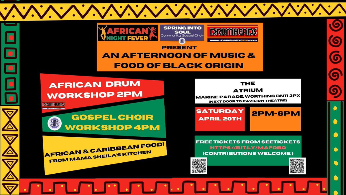 mikepailthorpe's tweet image. This is happening on Saturday afternoon 20th April at the Atrium (older #Worthing people will still know it as the Denton Lounge). It’s free and there’s about 100 African drums you can try, a @SpringIntoSoul workshop and African food you can buy from Mama Sheila. Drum, sing, eat!