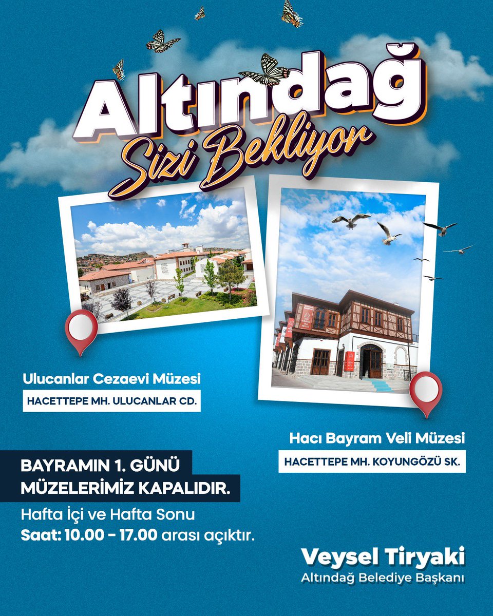 📌Değerli ziyaretçilerimiz Ulucanlar Cezaevi Müzemiz ve Hacı Bayram Veli Müzemiz Bayramın 1. Günü kapalıdır. 📌Ziyaret saatleri hafta içi her gün 10.00-17.00 arasıdır.