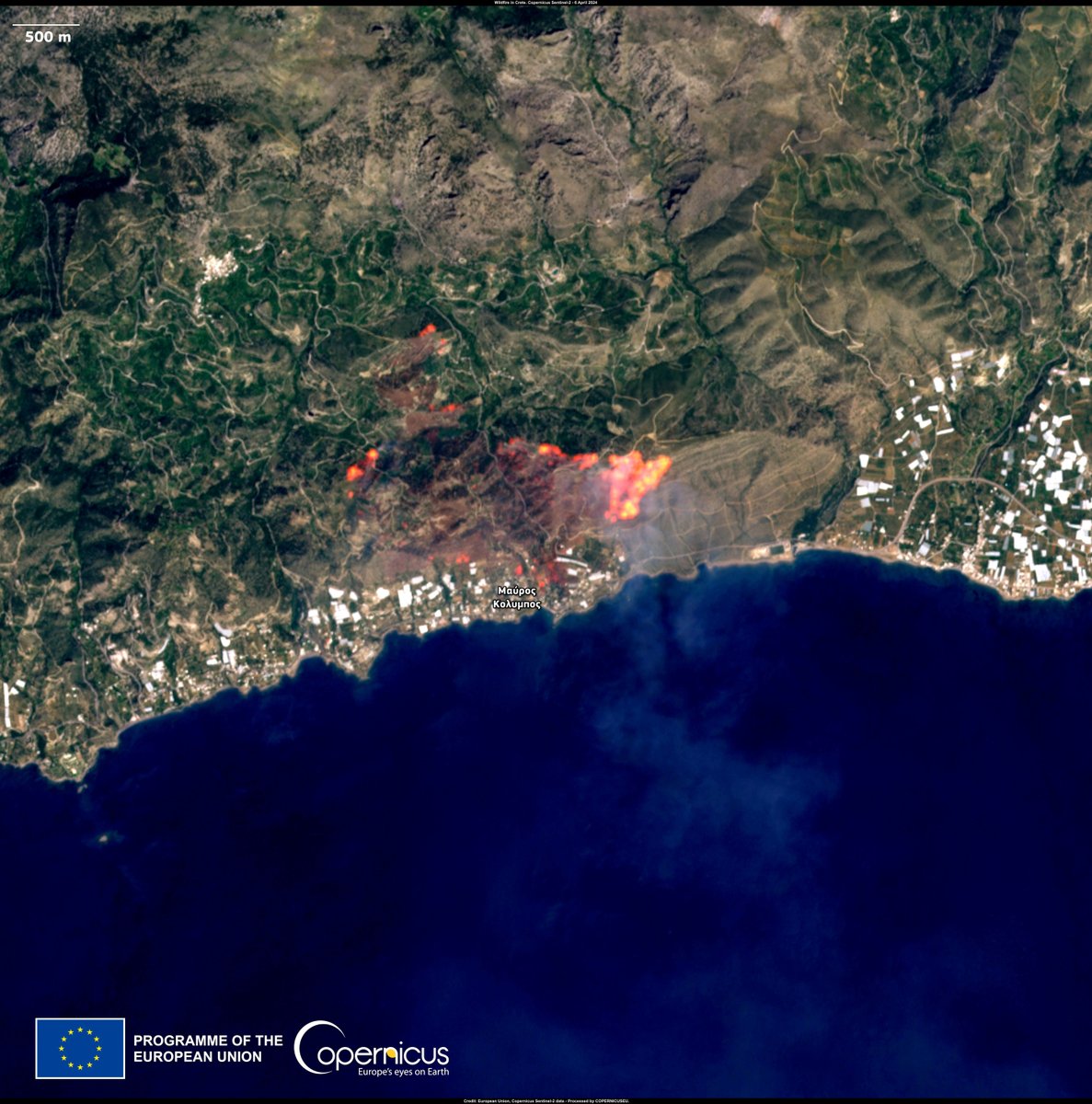 #ImageOfTheDay On 6 April, a #wildfire 🔥 broke out in Crete, #Greece 🇬🇷 ➡️Residents in four villages have been advised to evacuate 👩‍🚒 The burn scar surrounding Mavros Kolimpos (Μαύρος Κολυμπος) is visible in the image captured by #Sentinel2 🇪🇺🛰️on the same day