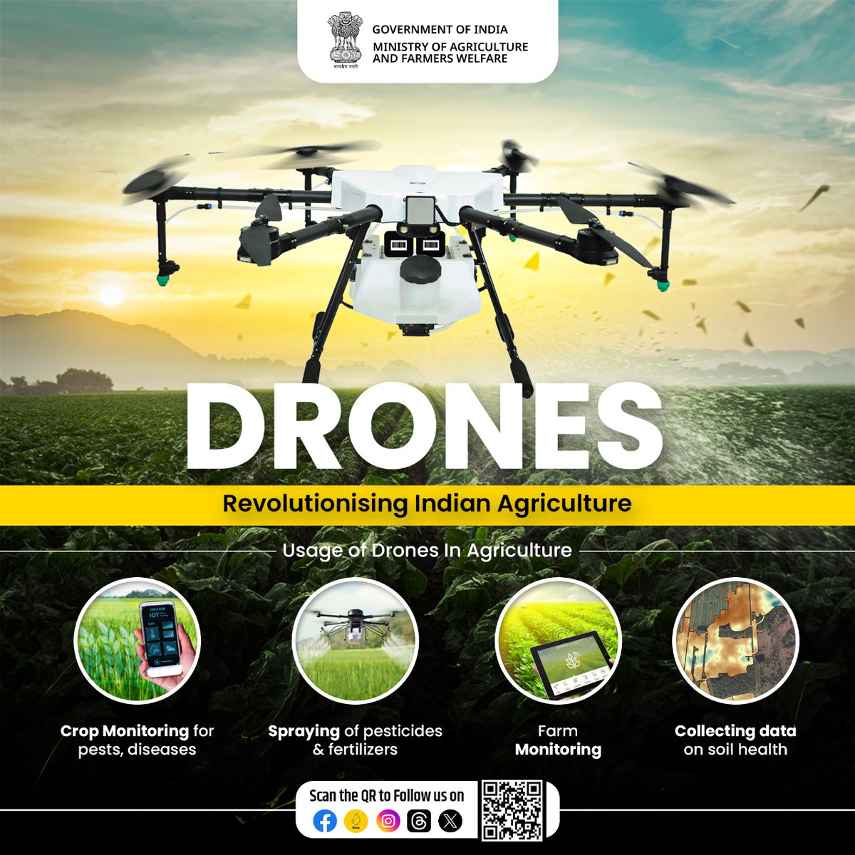 Transforming Indian #Agriculture with #DroneTechnology! Drone technology in #agriculture offers precision monitoring and management with spraying of #pesticides & chemical fertilizers, farm monitoring & other uses, enabling #farmers to optimize crop health & increased yield.