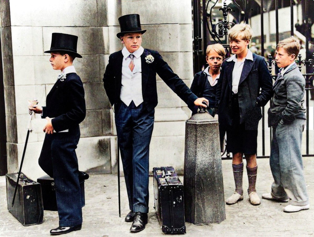 The five boys who came to illustrate the class divide of pre-war Britain, 1937. #colourised #1930s #workingclass #middleclass #oldengland