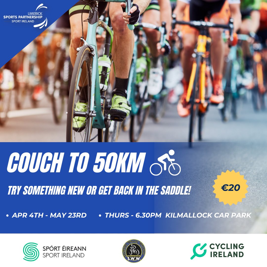 📣 Couch to 50km! 🚴‍♀️ 📍 Meet at Kilmallock Car Park 📅 Thursdays: 4th of April – 23rd of May ⏲ 6:30pm 🔗 limericksports.ie/event/couch-to… @Limerick_ie @sportireland @UL @HealthyLimerick @CommHealthMW @KilmallockGAA @Live95Limerick #ActiveLimerick #CyclingGroup