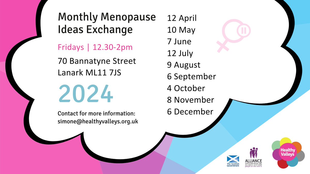 Join us at our next meet-up session in Lanark! Open to all women interested in better self-management of their journey through menopause. Contact simone@healthyvalleys.org.uk for more information 💗 @ALLIANCEScot #Menopause #PositiveAging