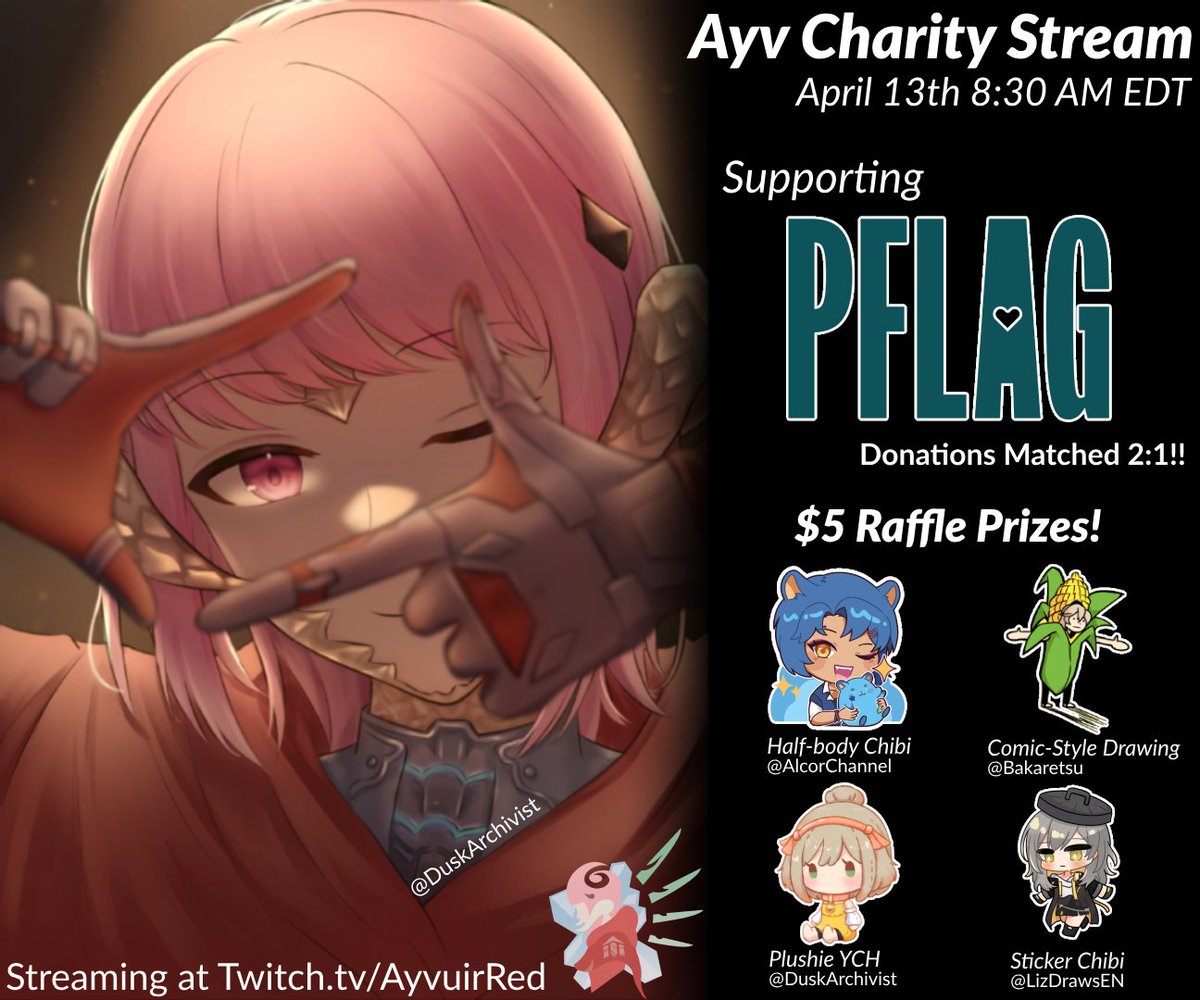 Presenting the Ayv Birthday Charity Stream! This year we'll be fundraising for #PFLAG in support of LGBTQ Equality and Civil Rights! There will be over 19 hours of Collabs and several generous Raffle Prizes! Now that I've spotted you, you'll stop by right? #ENVtuber | #VTuber