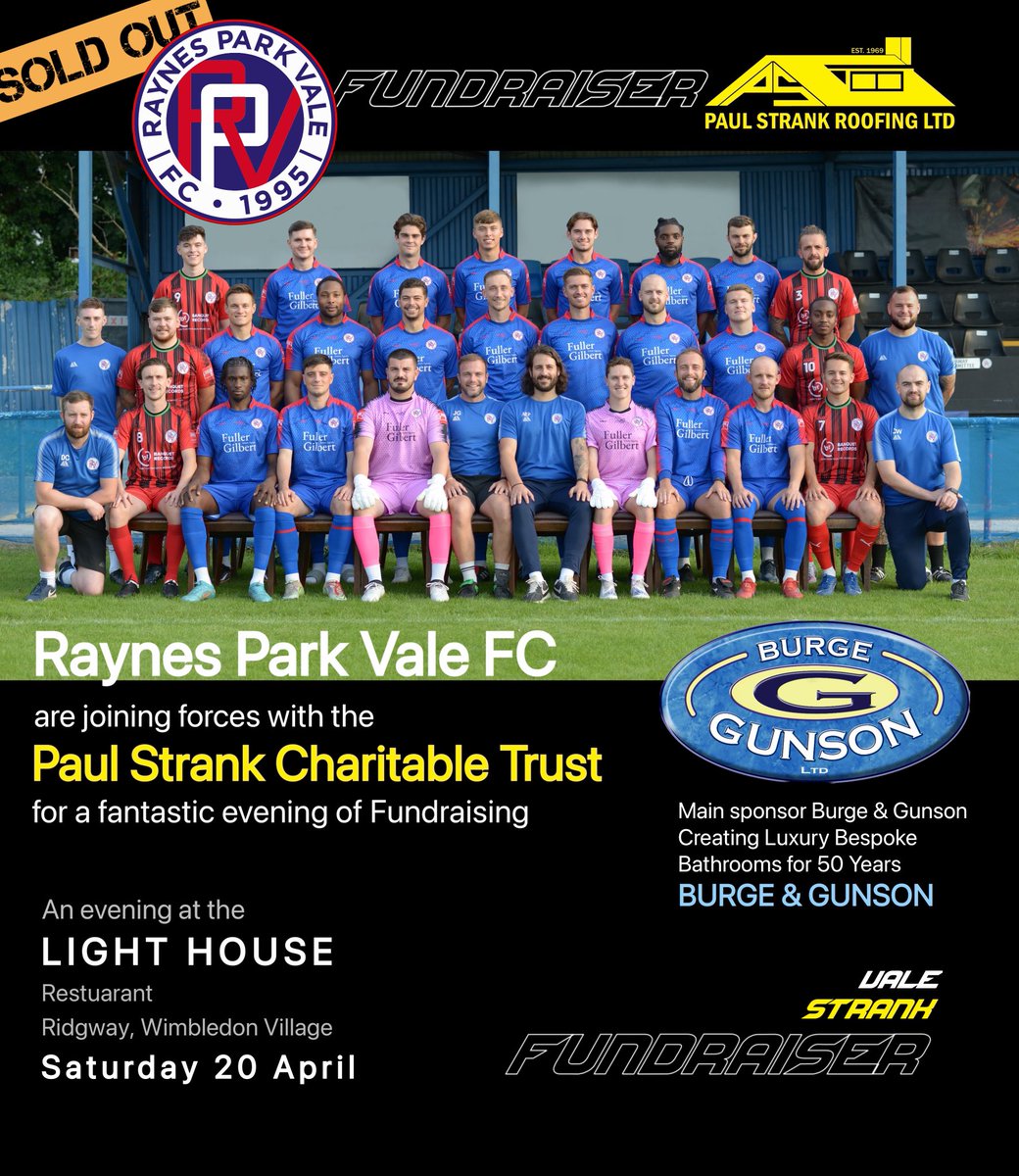 🔵🔴 The Vale are joining our sponsors <a href="/paulstrank/">Paul Strank</a> Charitable Trust for a fundraising evening on Sat 20th April at the Lighthouse SW19. Main sponsor <a href="/BurgeandGunson/">Burge & Gunson Bathrooms</a> bathrooms. Raising money for lots of good causes.
