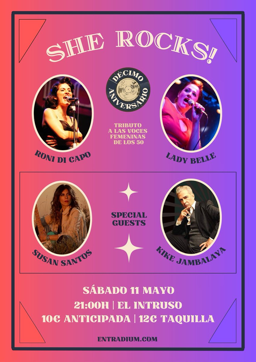 10ª aniversario de SHE ROCKS! 
Sábado 11 de mayo en <a href="/ElIntrusoMadrid/">El Intruso Madrid</a> con 2 invitadxs de lujo: <a href="/susansantos_/">Susan Santos</a> y <a href="/kikejambalaya/">Kike Jambalaya</a> 
Promo anticipadas en <a href="/entradium/">entradium</a>:
entradium.com/events/she-roc…
#sherockstributo #ronidicapo #ladybelle #kikejambalaya #susansantos #intrusobar