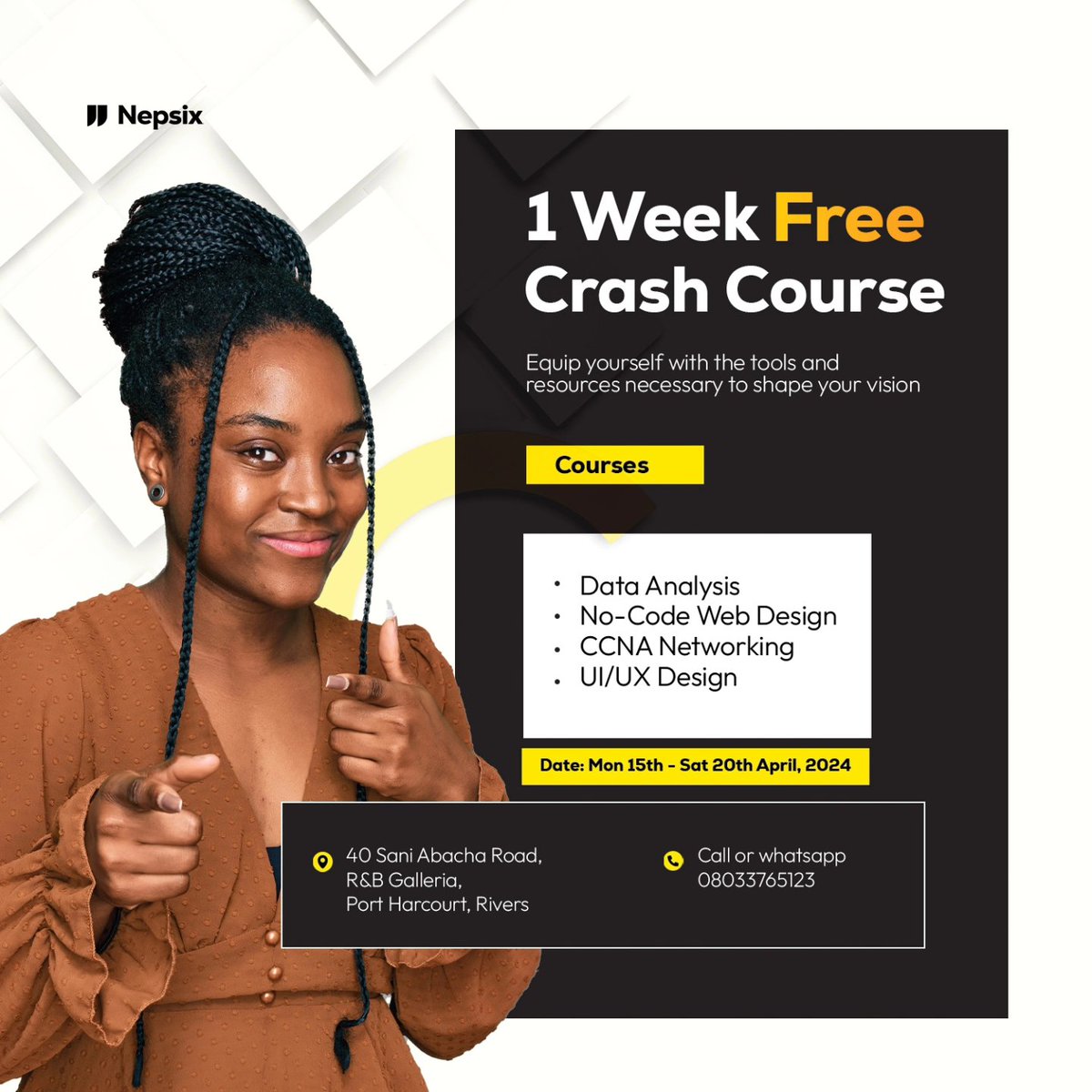 officialnepsix's tweet image. DON'T MISS OUT!
1 Week free crash course training in the following courses;
-Data analysis
-No-code Web design
-CCNA Networking
-UI/UX Design
Equip yourself with the right tiils and resources necessary to shape your vision!
#nepsix #freecrashcourse #dataanalysiscourse #uiux