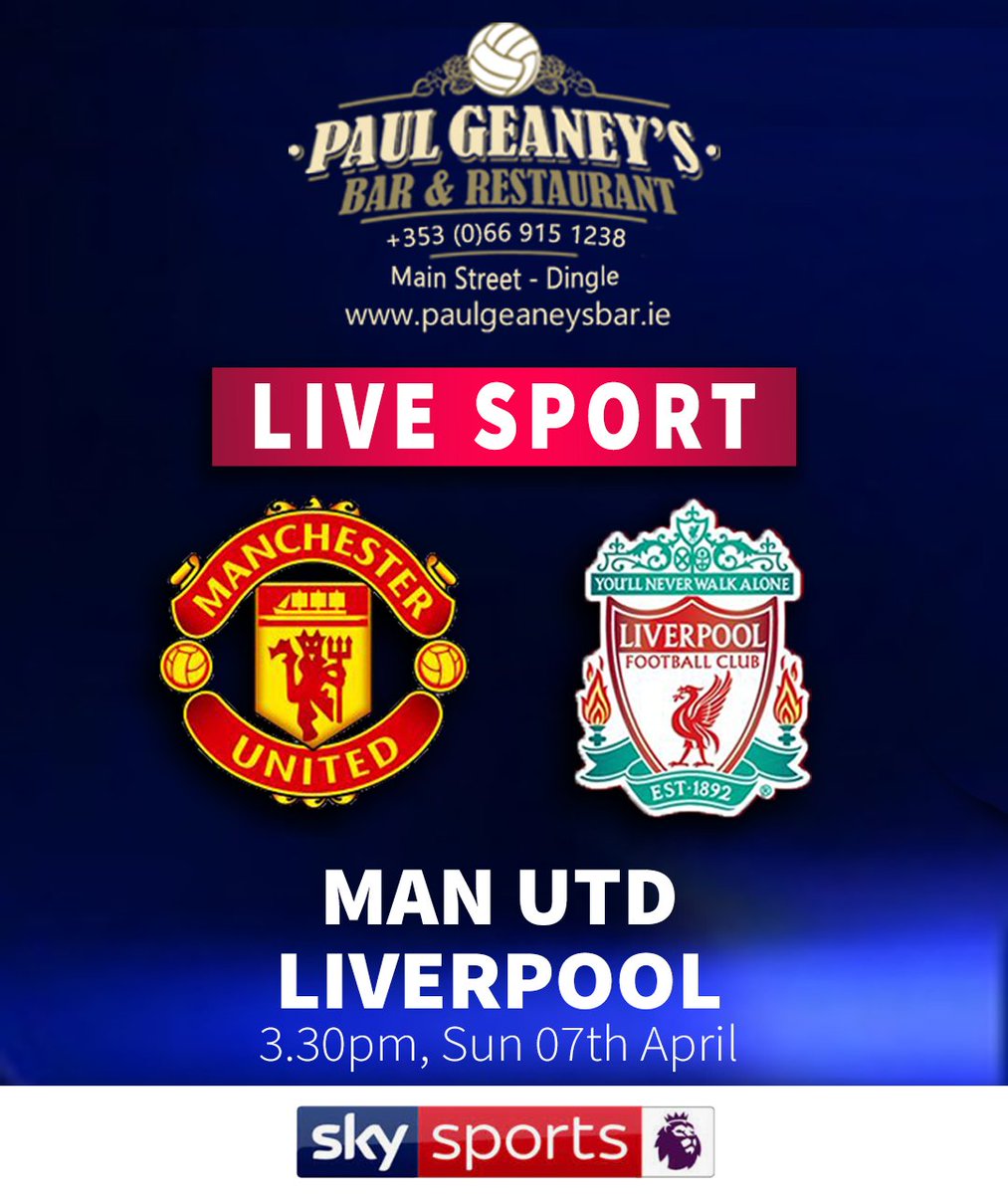 ⚽️ Man UTD v Liverpool   

Food served until 9pm. Walkins welcome. Group bookings email info@geaneysbar.ie  
#paugeaneysbar #dingle